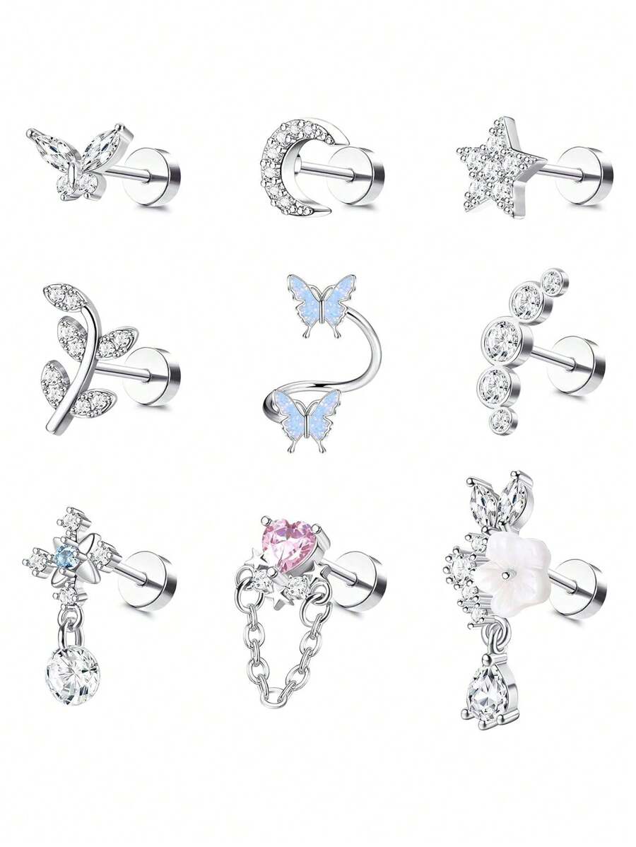 CASSIECA 1 件耳轮软骨耳环 男女款 不锈钢耳屏耳环 蝴蝶月亮星星花朵耳洞首饰 适用于耳轮软骨耳屏