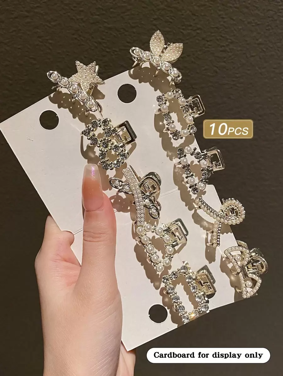 10 件装金属仿珍珠和水钻发夹，适合女士将头发扎在脑后，派对、发饰、爪夹、发夹、发夹、学校用品、学院秋冬发夹蝴蝶结，适合度假装扮女士 - 彩色 - 查看 1