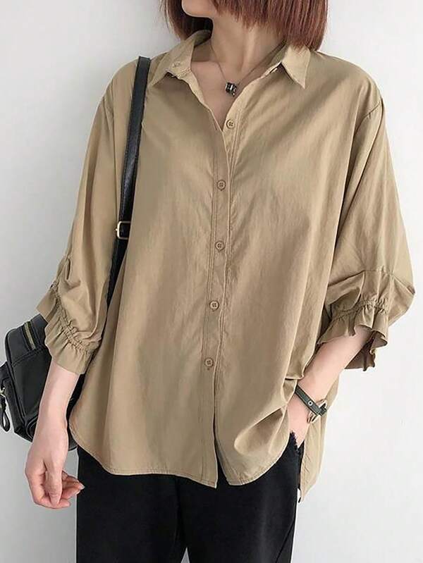 New Women's Linen Solid Color Single Breasted Loose Lightweight 3/4 Sleeve Blouse, Plus Size, Spring/Summer