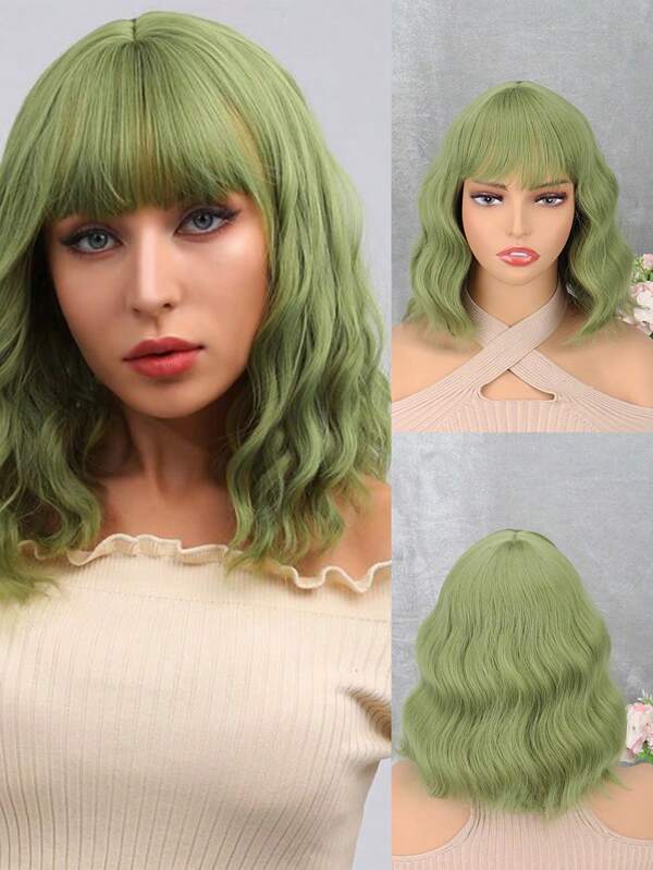 12-Inch Short Green Wig With Bangs Wavy Curly Wig For Everyday, Parties & Festivals