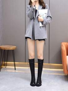 2025年秋季新款棕色女士过膝靴，平底，过膝，系带，修身，加大码43，高筒靴 - 黑色 - 查看 4