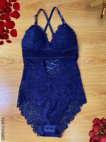 Body sexy de encaje con transparencia para dama - Azul - Ver 1
