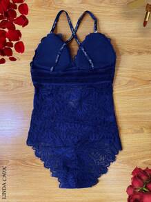 Body sexy de encaje con transparencia para dama - Azul - Ver 2