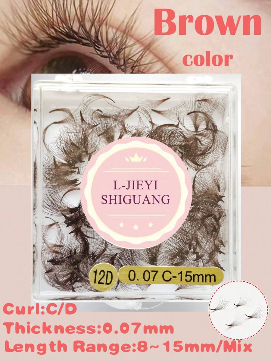 Brown Color Eyelash Extension,500 Fans Per Box,12D,Thickness 0.07mm,Sharp Narrow Stem Premade Fans,Cluster Eyelashes,Natural & Soft,Hand-Grafted False Eyelashes Lash Clusters,Eye Lash Clusters,Individual Eyelashes,Lashes,Fake Lashes
