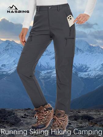  NASBING Women's Warm Lining Pants, Waterproof Windproof, Multiple Zipper Pockets, Warm Outdoor Pants For Hiking, Skiing, Camping