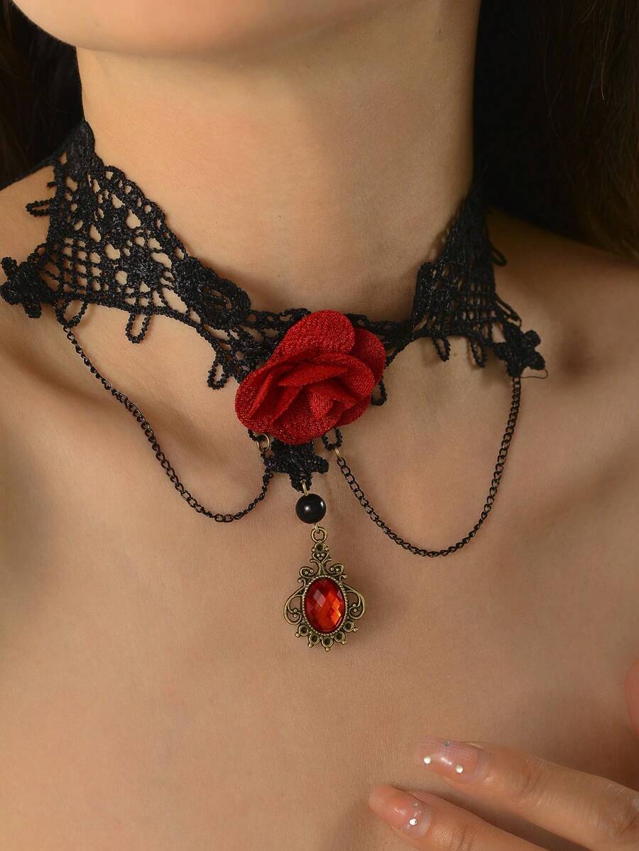 1 chiếc vòng cổ ren đỏ ma cà rồng Gothic dành cho người hầu gái - Nhiều màu - Xem 1