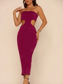 Women's Strapless Ribbed Open Waist Midi Dress - 紫紅色 - 查看 1