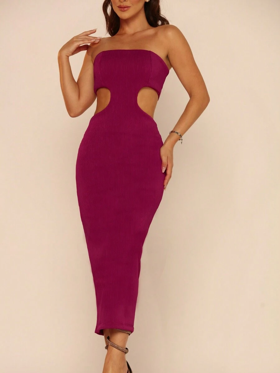 Women's Strapless Ribbed Open Waist Midi Dress - 紫紅色 - 查看 1