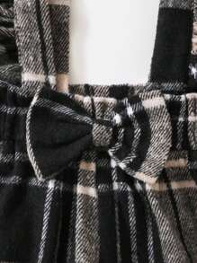 2pcs Young Girl Set: Turtleneck Ribbed Knit Long Sleeve Top And Plaid Suspender Pants