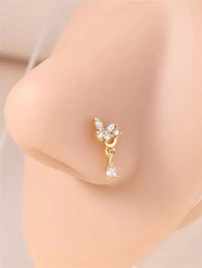 KARYOKO Women Fashion Dangling Nose Studs Shiny White CZ Butterfly Shape Cute Dangle L Shaped Pin Nose Rings Silvery Gold Color Body Piercing Jewelry 20 Gauge