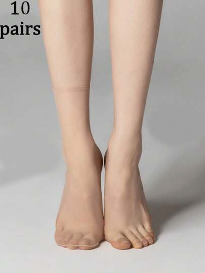 10pairs Transparent Flesh-Colored Seamless Sheer Stockings For Women, Ultra-Thin Summer Crystal Ankle Socks, Fall