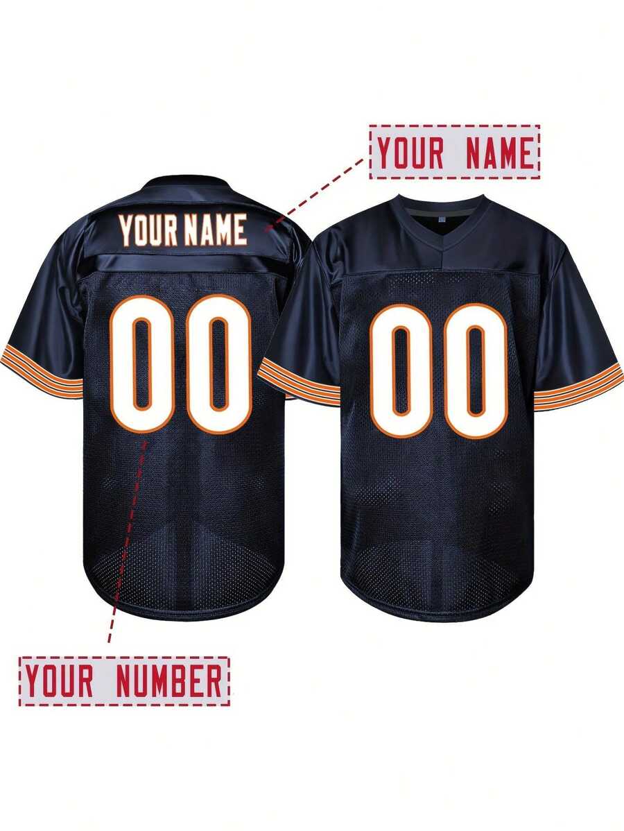 Áo bóng bầu dục Mỹ thêu tên và số theo yêu cầu dành cho nam, cổ chữ V màu xanh Chicago, tay ngắn, cá nhân hóa, trò chơi tiệc tùng, luyện tập, thi đấu, thể thao, tự làm, size S-XXL - Màu xanh lam - Xem 1