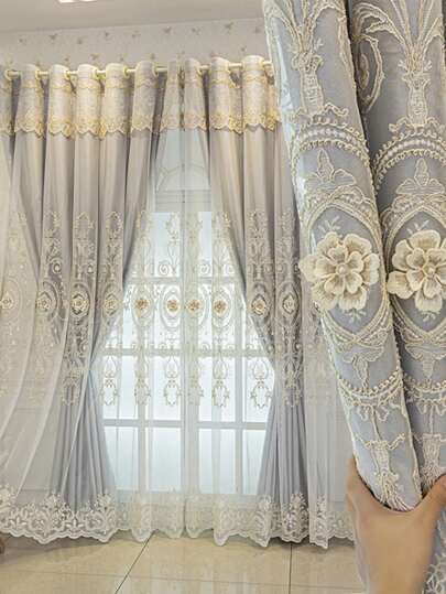 1pc Floral Embroidered Double-Layer Curtain Panel With Blackout Lining, European Style Jacquard Curtain For Living Room And Bedroom