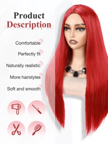 Peluca larga y recta de cabello rojo con raya al medio, peluca sintética de sirena de color para Halloween, cosplay sin encaje con apariencia natural, peluca roja para mujeres y niñas, peluca de reemplazo de cabello natural para uso diario, fiesta y disfraz de Halloween - Rojo - Ver 5