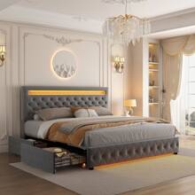 GEGOFORU Queen LED Bed Frame With 4 Storage Drawers, RGBW Smart Lights In Headboard & Footboard, Adjustable Upholstered Headboard, No Box Spring Needed - 絲絨灰 - 查看 1