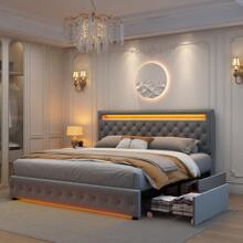 GEGOFORU Queen LED Bed Frame With 4 Storage Drawers, RGBW Smart Lights In Headboard & Footboard, Adjustable Upholstered Headboard, No Box Spring Needed - 絲絨灰 - 查看 7