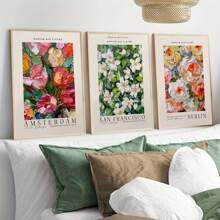 3pcs Frameless Decorative Painting Flower Market Canvas Wall Art Poster, Amsterdam Berlin San Francisco Flower City, Portrait Orientation, Living Room Decoration Indoor Canvas Print 15.75x23.62 Inches Modern Art Piece
