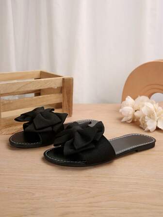 Plusstorlek Rundad tå Rosettdekor Dam Slip-On Tofflor, Eleganta Avslappnade Strandsandaler, Sommar