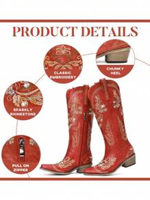 Choiran Cowboy Boots For Women - Wide Calf Knee High Cowgirl Boots, Glitter Sparkly Rhinestone Western Country Boots With Classic Embroidery, Pointed Toe Pull On Zipper Retro Fashion Tall Boots