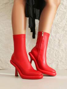 Women's Platform Boots Stiletto High Heel Mid Calf Boots Elastic Round Toe Ankle Boots With Side Zipper Fashion Party Dress Stretch Boots For Women - 紅色 - 查看 5