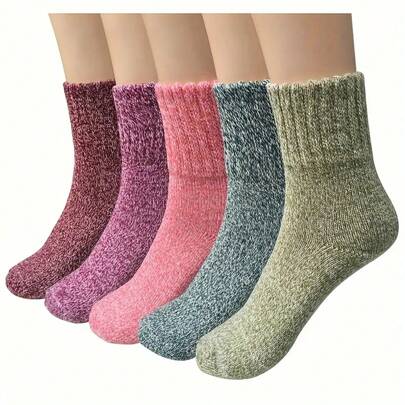 5 Pairs Women's Thick Knitted Vintage Winter Warm And Comfortable Socks