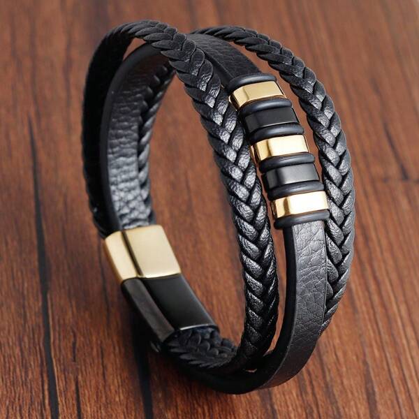 Modische, klassische, handgemachte, mehrlagige, magnetische Schnallen Lederarmband für Herren