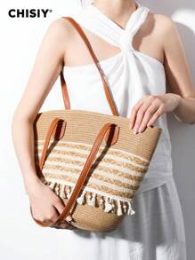 CHISIY 手工编织藤条单肩包、手提包、沙滩包、水桶包、复古休闲经典款、设计师素食包、价格实惠、流苏手工包、工作包、旅行海滩学校/大学休闲包，适合女性、青少年、妈妈、职业女性、旅行者、时尚爱好者、通勤者、大学生、情人节、母亲节、生日、周年纪念日、毕业典礼 - 卡其色 - 查看 5
