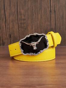1 pieza Hebilla de metal con cabeza de toro vintage de moda negra para hombre, cinturón estampado en varios colores, accesorio versátil para vaqueros
