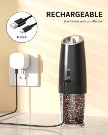 CLITON Gravity Electric Salt And Pepper Grinder Set Rechargeable Salt And Pepper Grinder Set With LED Light, No Battery Needed, Adjustable Coarseness, Washable 135ml Container, Christmas Gifts, Halloween Gifts, Kitchen Gifts, Thanksgiving Gifts, New Year Gifts, Valentine's Day Gifts,Black - 彩色 - 查看 7