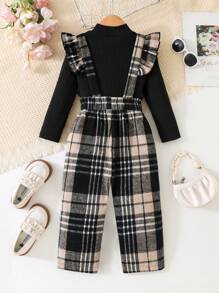 2pcs Young Girl Set: Turtleneck Ribbed Knit Long Sleeve Top And Plaid Suspender Pants