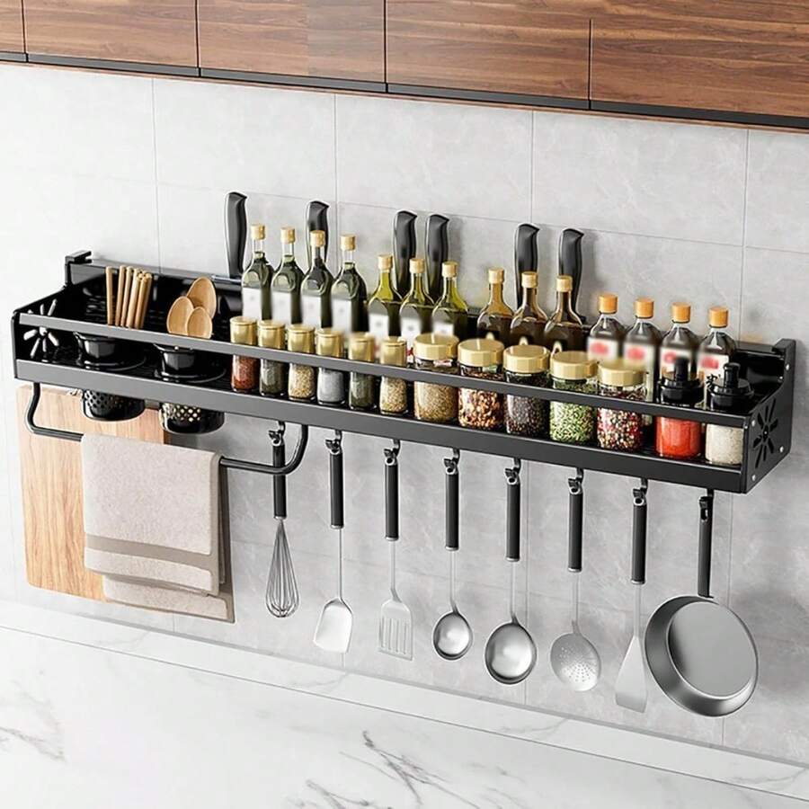 Aluminum Multipurpose Wall Shelf Spice Organizer And Kitchen Utensils For Your New Homes - 黑色 - 查看 1