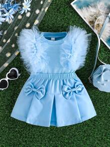 夏季嬰兒女孩隨性可愛肋條網眼無袖上衣和蝴蝶結短裙套裝 - 淺色水洗藍 - 查看 2