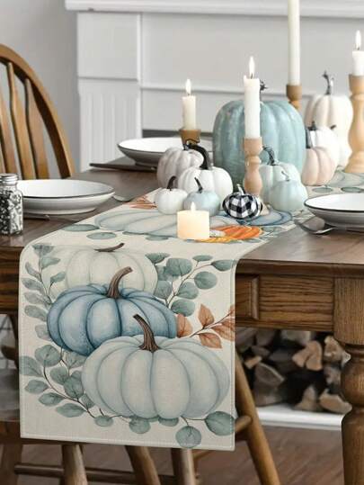 1pc Autumn Harvest Blue Pumpkin Pattern Table Runner, Seasonal Kitchen Dining Table Decor, Fall Holiday Home Indoor/Outdoor Party Supplies, Thanksgiving Decoration, Room Decor