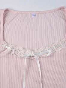 Contrast Lace V-Neck Low-Cut Fitted Pink Long Sleeve Top - Pink - View 6