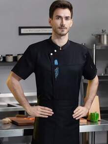 1 件厨师制服，短袖透气网眼面料，耐用厨师工作服，适用于酒店、厨房、火锅、烘焙、餐厅，适合烹饪相关活动 - 黑色 - 查看 3