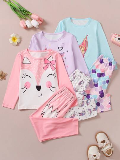 3 件套年轻女孩休闲可爱卡通松鼠、独角兽、美人鱼印花长袖上衣和裤子套装，秋季