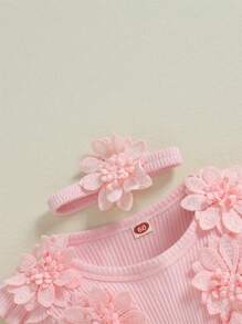 2Pcs Baby Girls Set 3D Flower Bow Long Sleeve Mesh Dress Bodysuit Headband Adorable Ribbed Outfits Sets
