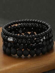 4Pcs/Set Volcanic Stone Wood Beads Multi-Layer Men's Bracelet Combination Set Elastic Bracelet