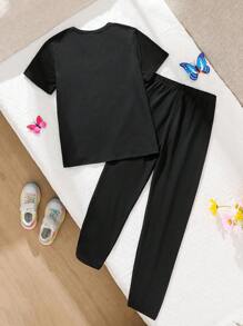 2pcs/Set Summer Fashionable Teen Girls Heart & Butterfly Print Short Sleeve Top And Solid Color Pants Set, Comfortable Daily Casual Outfit