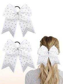 2pcs/Set Girls 7-Inch Crystal Bowknot Hair Scrunchies, Suitable For Daily Use - White - View 2