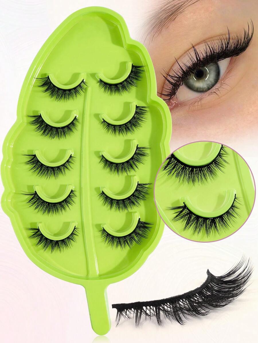 MAGEFY 5pairs/Set 3D 7-12mm Faux Mink Hair Fluffy False Eyelashes With Leaf-Shaped Tray, Natural Looking, Thick And Soft, Reusable, Individual Packaging, Makeup Tool For Beauty - 交叉款 - 查看 1