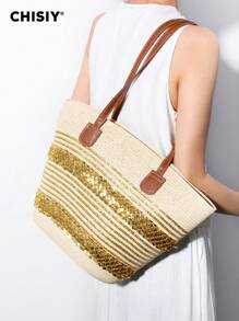 CHISIY Handmade Rattan Shoulder Bag, Elegant Woven Straw Tote Bag, Casual Vintage Fashion Spring/Summer Beige Backpack, Versatile Designer Affordable Large Capacity Practical Modern Handcrafted Tote For Work, Shopping, Travel, Dating, Weekend, Suitable For Women, Fashionista, Commuter, Valentine's Day, Mother's Day, Birthday, Anniversary, Graduation - Gold - View 12
