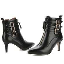 Women Buckle Kitten Heel Ankle Boots Strappy Pointed Toe Booties Low Heels Short Dress Boots With Zipper - màu đen - Xem 5