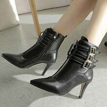 Women Buckle Kitten Heel Ankle Boots Strappy Pointed Toe Booties Low Heels Short Dress Boots With Zipper - màu đen - Xem 3