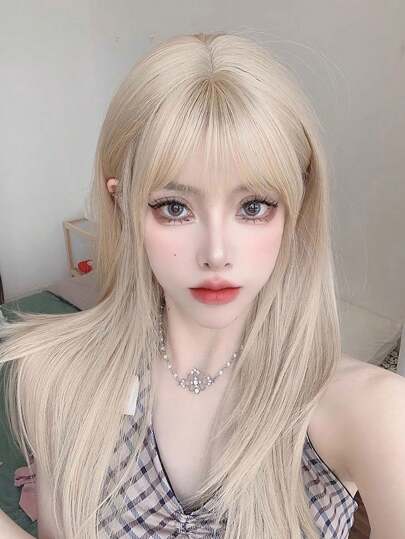 24 Inch Blonde Straight Hair Wig With Bangs For Women Daily Wear Synthetic Heat Resistant Wigs