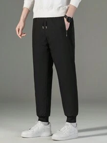 1 pieza Pantalón de ejercicio con forro polar grueso, resistente al agua, con cordón y bolsillos con cremallera para hombre, invierno