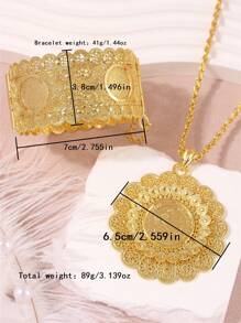 1 Set Middle East Style Fashion Palace Hollowed-Out Sunflower Round Pendant Necklace, Matching Napoleon Coin Portrait Engraved Adjustable Bangle, Suitable For Wedding, Party, And Event Wear