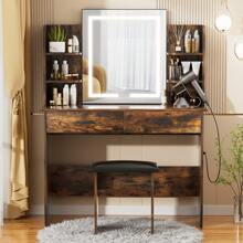 VOWNER Makeup Vanity Desk With Outlet, LED Lighted Mirror Brightness & Color Adjustable, 4 Shelves, 2 Drawers And Stool, For Girls Women - 質樸棕色 - 查看 5