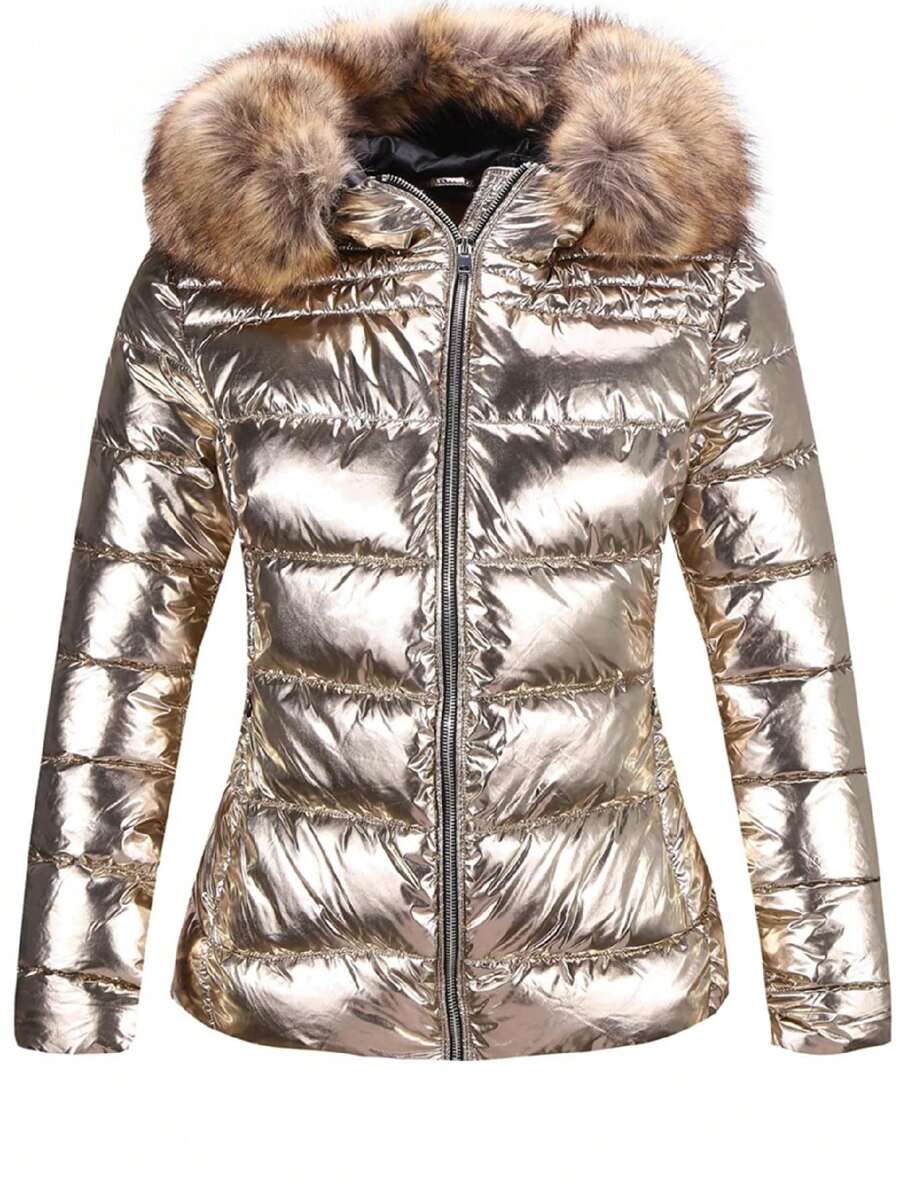Womens Lightweight Jacket, Winter Coats For Women Warm Quilted Bubble Padded Hood Coat With Faux Fur Collar - 金色 - 查看 1