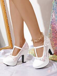 Giày cao gót lưới gợi cảm mới 2024, gót dày, mũi tròn thoáng khí, giày thời trang nữ màu trắng - trắng - Xem 5